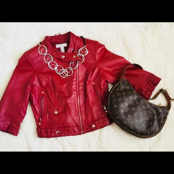 Red Genuine Leather Cropped Motorcycle Jacket - Picture 1 of 5